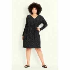 Evans Polka Dot V-Neck Over Knee Dress For Female -Cheap Evans Clothing Store unnamed file 1831